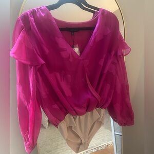 Fuschia/ Bright Pink Floral Wrap Blouse Bodysuit